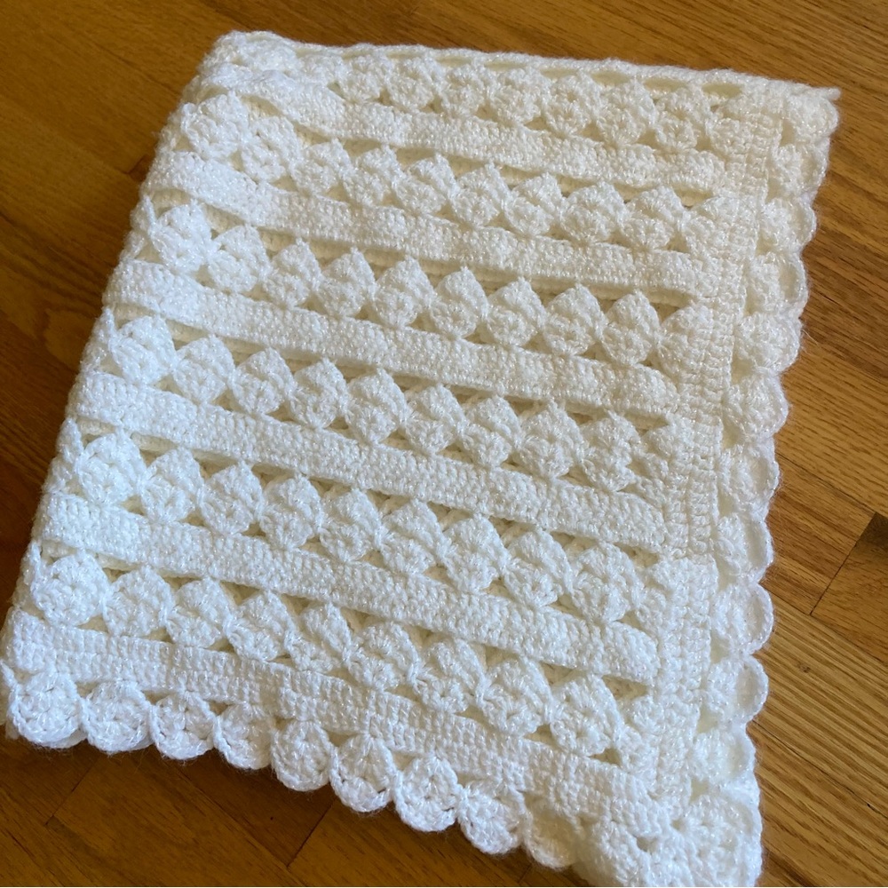 Beautiful Hand Crochet Afghan Baby Blanket 40”x48” White/Cream Gender Neutral